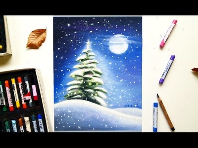 Christmas tree in the snow drawing with soft pastels | Leontine van vliet