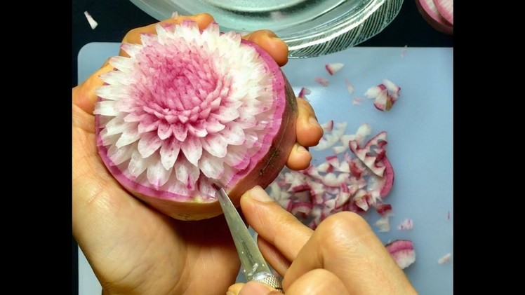 How to carving chrysanthemum(MUM) Flower from red turnip By Chef NAMTARN