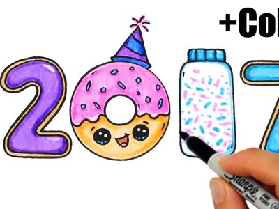How to Draw + Color 2017 as Cookies, Donut, Sprinkles - Happy New Year