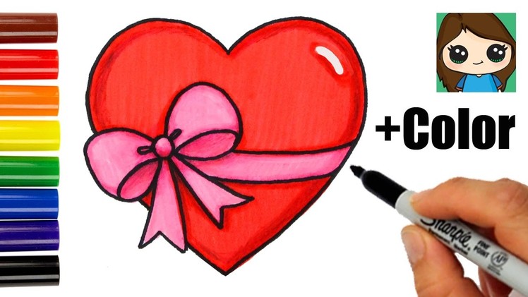 How to Draw + Color a Heart with a Bow Ribbon Emoji Easy