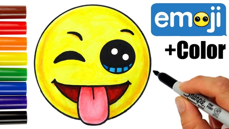 How to Draw + Color Emoji w.Winking Eye, Tongue Out Face step by step EASY