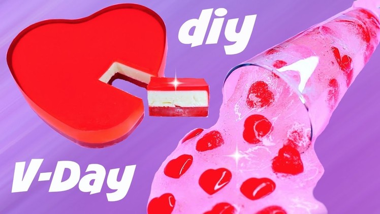 How to Make V-DAY Heart Cocktail Slime and DIY Heart Shaped JELLY Cheesecake