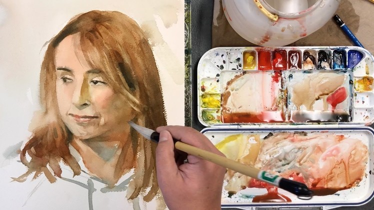 Watercolor portrait painting from live - how to paint a female face