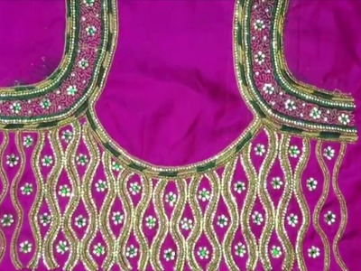 Maggam work blouse with zarkan stones chain beads Kundan zari thread loading - maggam works