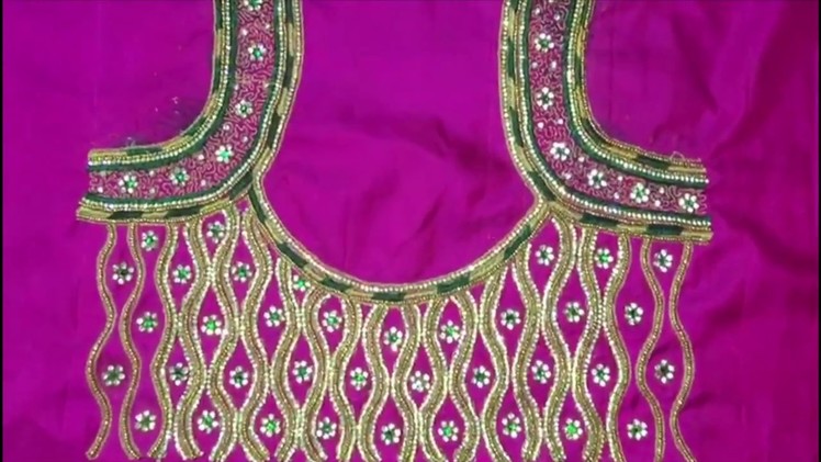 Maggam work blouse with zarkan stones chain beads Kundan zari thread loading - maggam works