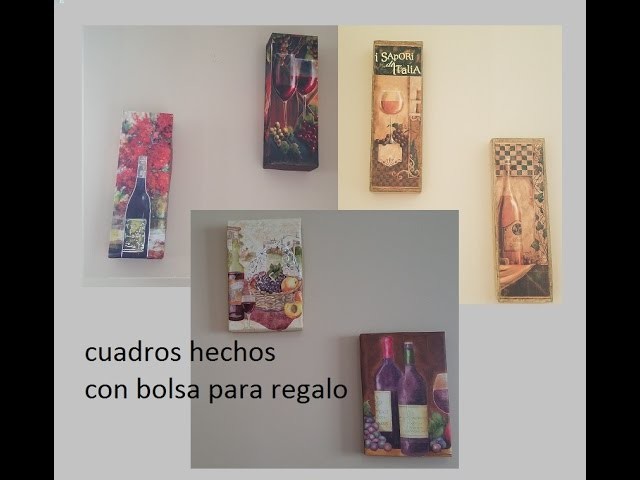 Diy Wall art made with wine themed bottle gift bags.cuadros hechos con bolsas de regalo