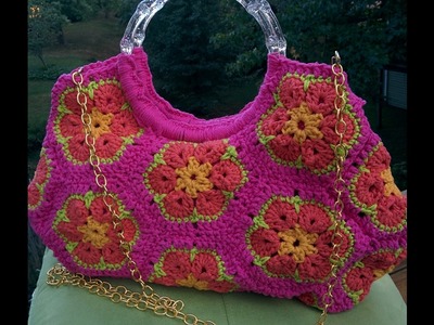 Easy DIY Crochet African Flower. Paperweight Satchel Handbag. Purse - How to w. Printable Pattern