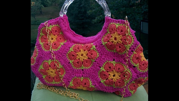 Easy DIY Crochet African Flower. Paperweight Satchel Handbag. Purse - How to w. Printable Pattern