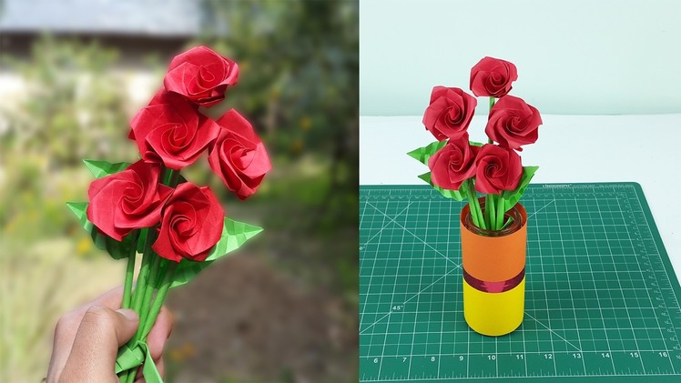 How to make realistic paper roses with leaves and stem - Easy step by step instructions.