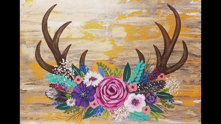 Deer Antlers with Easy Flowers Acrylic Painting Tutorial for Beginners LIVE