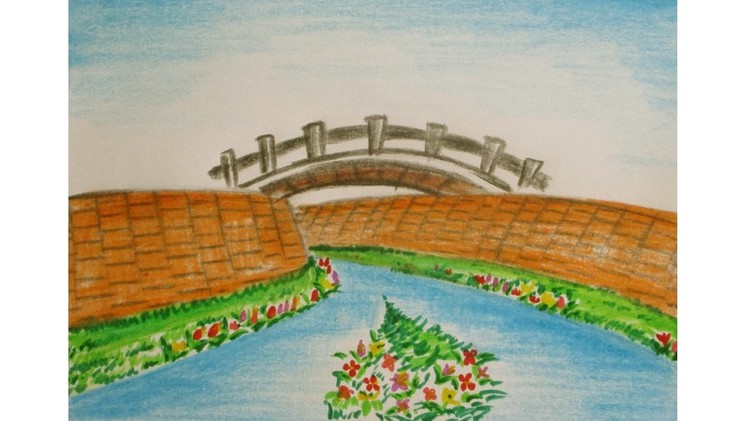 How to draw a bridge and river for kids in easy step | Scenery Drawing Channel#37