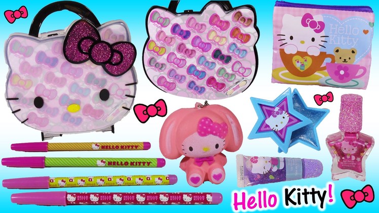 Hello Kitty Bonanza! Lip Gloss Eyeshadow Sparkle CASE! Nail Polish Bag Pens Sponge! Silly SQUISHIES!