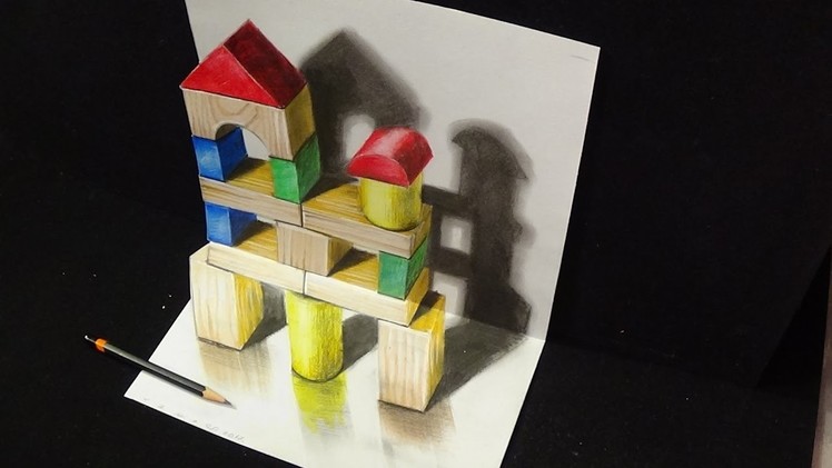 Drawing 3D Trick Art - Wooden Building Toy Visual Illusion