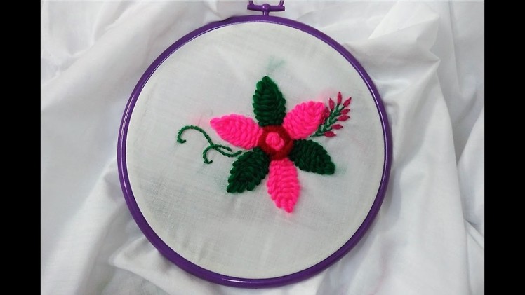 Hand Embroeidery - Green and Pink Flower with Yarn Stitch