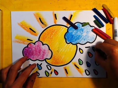 How to draw a rainbow rain, sun and clouds. Art for Kids