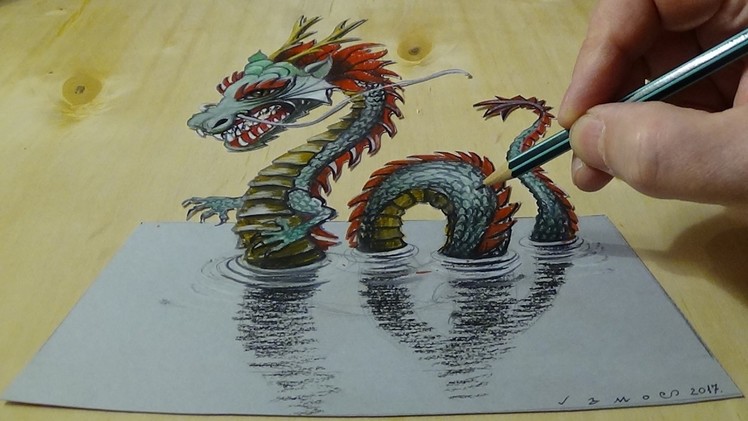 3D Drawing of a Chinese Dragon - How to Draw 3D Water Dragon