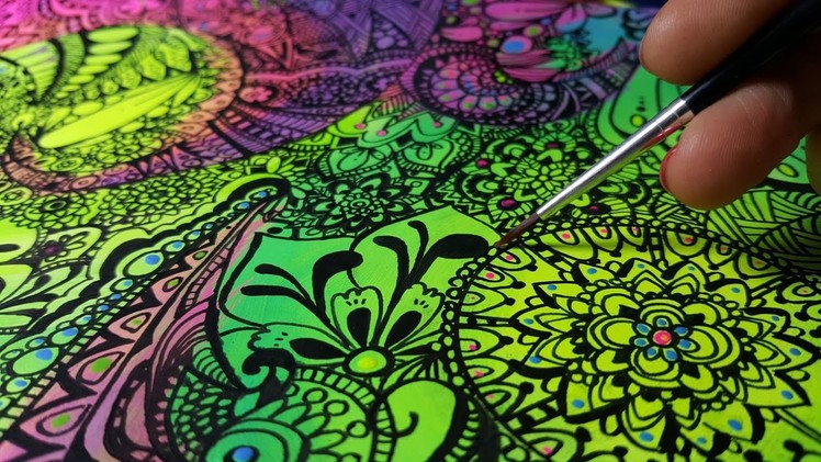 How I draw a Zentangle.Doodle Art on Neon Acrylic colored page Speed Drawing.Time Lapse