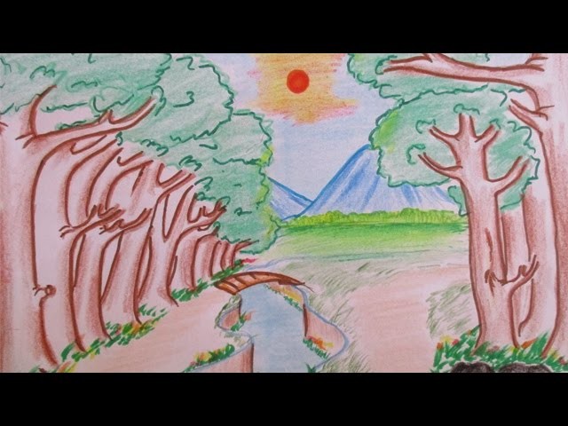 How to draw beautiful deep forest and sunrise | Scenery Drawing Channel#31