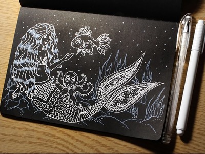 Zentangle Doodle Art Mermaid ❤ White Drawing on Black Paper