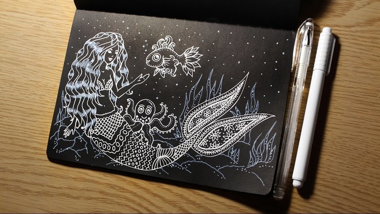 Zentangle Doodle Art Mermaid ❤ White Drawing on Black Paper