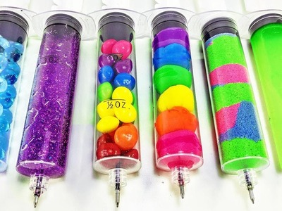 DIY 6 Syringe Pens: Galaxy & Glow in the Dark Slime, Kinetic Sand, Skittles, Play-doh & Orbeez!