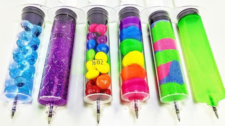 DIY 6 Syringe Pens: Galaxy & Glow in the Dark Slime, Kinetic Sand, Skittles, Play-doh & Orbeez!