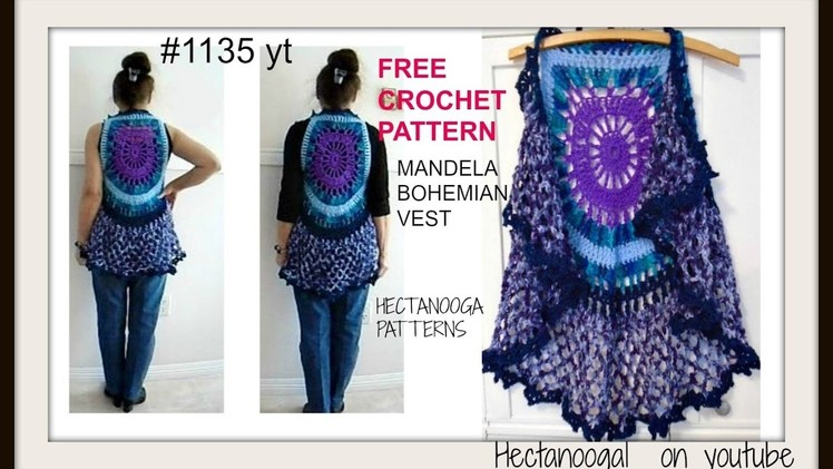 MANDALA BOHEMIAN CROCHET VEST sweater, free crochet pattern, adult small (30 to  38 chest) #1135yt