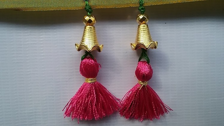 How to make saree kuchu easily,saree kuchu with flower caps&beads,saree kuchu design#18,DIY tutorial