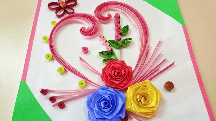 Paper Quilling | How To Make Beautiful Rose Flower Design Greeting Card | Paper Quilling Art