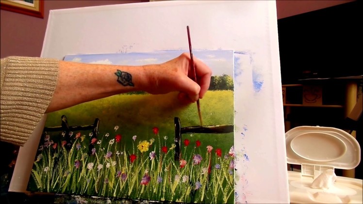 How to paint an EASY Farmhouse Landscape Lesson 3 Grass and flowers,  Step by Step