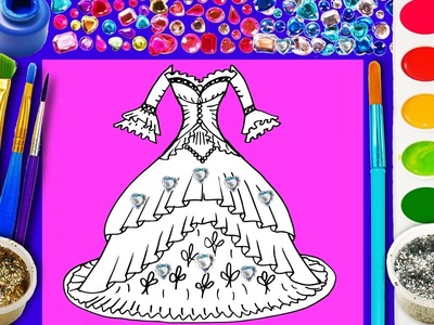 How to Draw Pretty Dress Coloring Page for Children to Learn to Color with Glitter Watercolor Paint