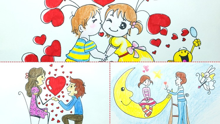 How to Draw Valentine Couple Cute Cartoons for Message Cards - 3 Drawings