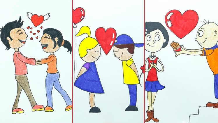 How to Draw Valentine Love Couple for Cards, Letter, Projects - 3 Drawings