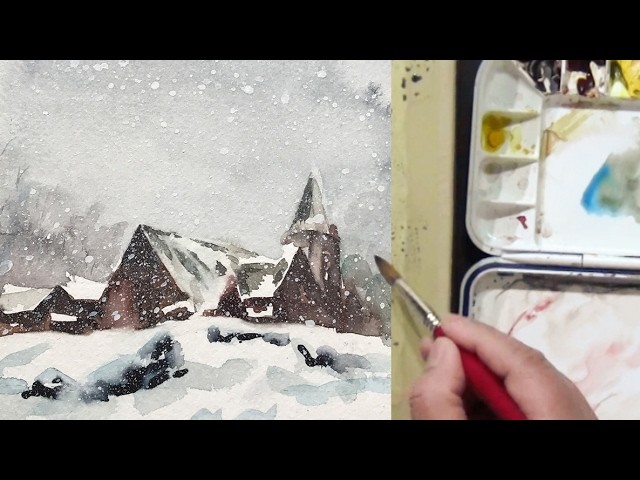 How to watercolor landscape painting of Snowy Day