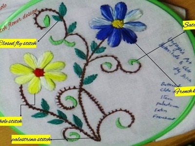 Embroidery works - Buttonhole & closed fly stitch flower design