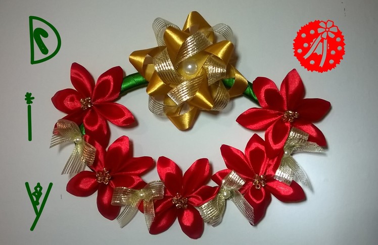 Guirlanda natal com flores de fita\ Christmas wreath with ribbon flowers