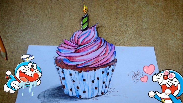 Happy birthday cake drawing | How to draw 3D cake | Cupcake drawing