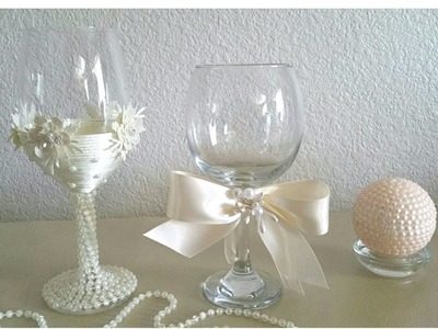 DIY BRIDES CHAMPAGNE GLASSES, AND A VICTORIAN STYLE CANDLE HOLDER. WEDDING DECOR