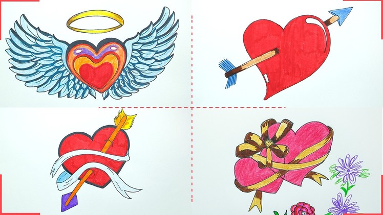 How to Draw Heart with Arrow, Bow, Ribbon, Wings for Valentine Message Cards