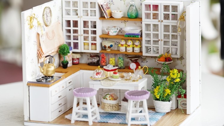 DIY Miniature Dollhouse Kit -  Cute Kitchen with Working Lights