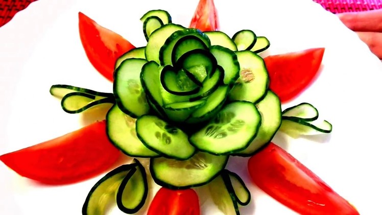 HOW TO MAKE CUCUMBER ROSE FLOWER DESIGN  - CARROT GARNISH & VEGETABLE CARVING - TOMATO CUTTING