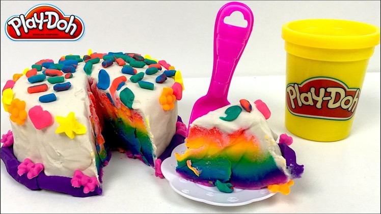 PLAYDOH RAINBOW CAKE - CREATE WITH RAINBOW COLORS, DECORATE, MOLD AND PREPARE TO EAT PLAYDOUGH CAKE