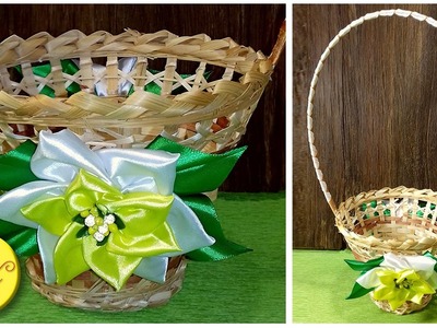 Decorating of a basket with kanzashi flowers for a sweet bouquet, DIY, master class