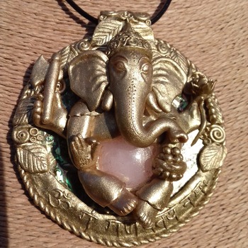 Magnificent Handmade Ganesh polymer clay pendant/amulet/necklace with Paua shell and Rose Quartz