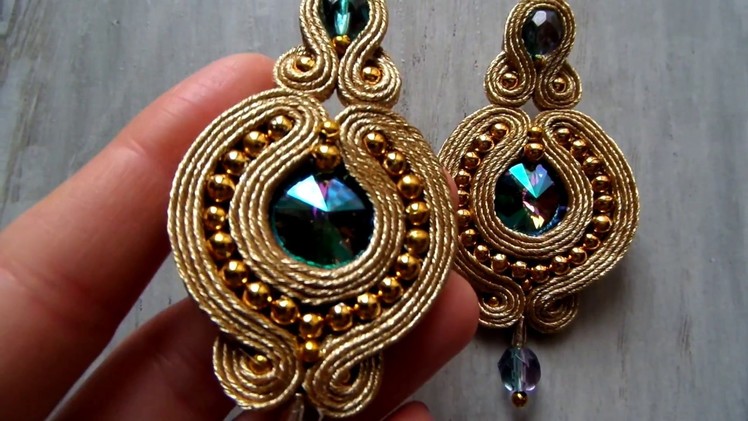 Handmade soutache earrings - gold and green