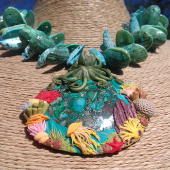 Striking, very detailed Polymer Clay and Sea Sediment Jasper and Sea Shell Necklace with Octopus and Coral