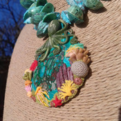 Striking, very detailed Polymer Clay and Sea Sediment Jasper and Sea Shell Necklace with Octopus and Coral