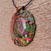Stunning detailed Polymer Clay Autumn Tree and Rhyolite Gemstone Necklace/Pendant/Amulet/Talisman
