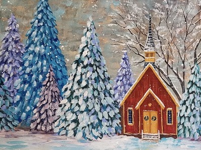 Snowy Church Landscape Winter Pine Tree Forest Acrylic Painting Tutorial LIVE