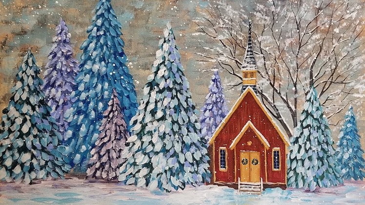 Snowy Church Landscape Winter Pine Tree Forest Acrylic Painting Tutorial LIVE